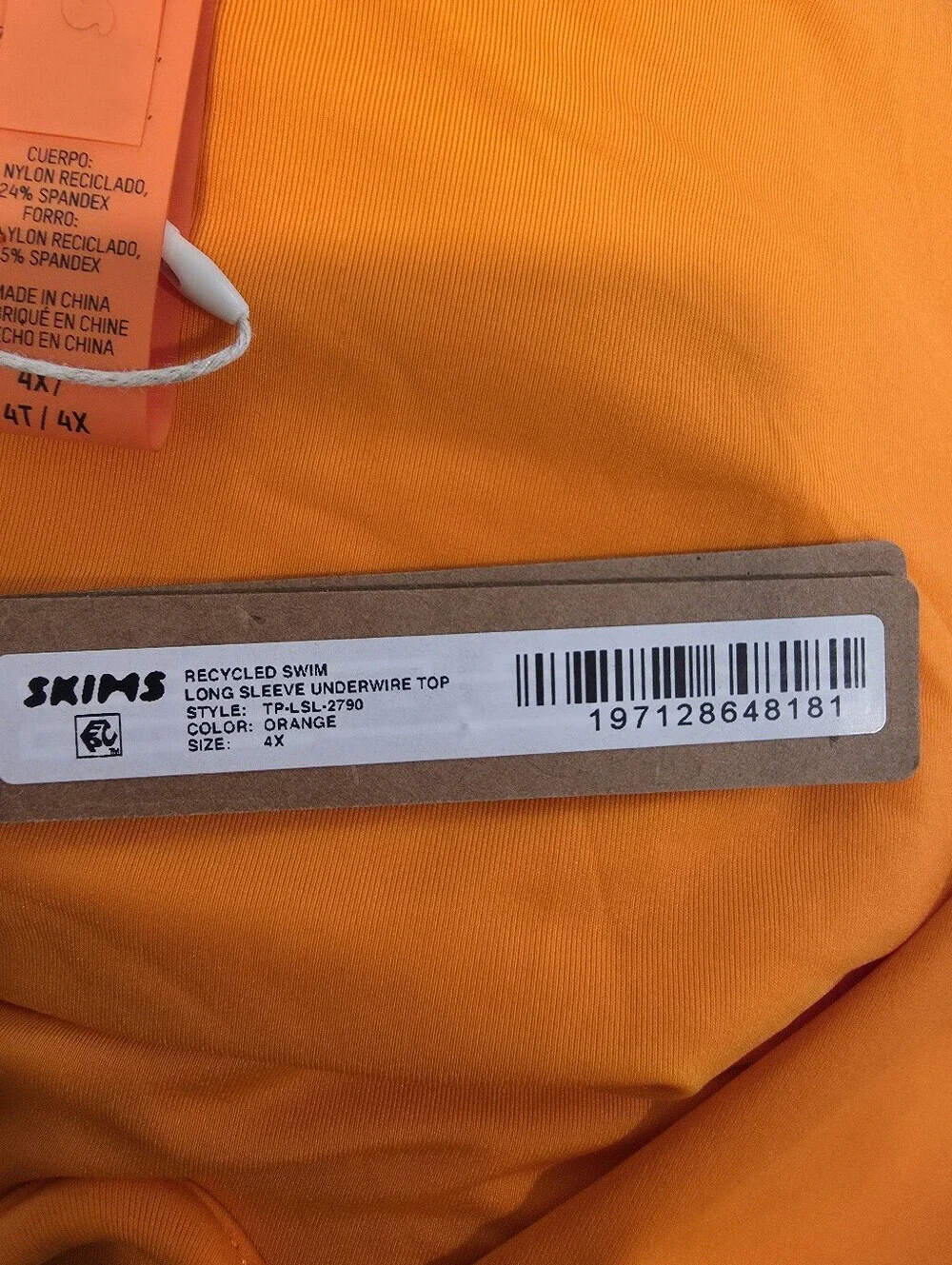 Skims Swim Long Sleeve Underwire Top in Orange -NWT